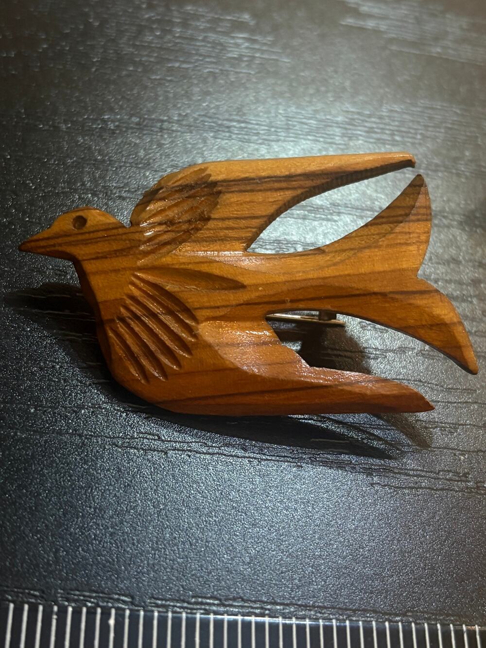 Vintage Hand Carved Olive Wood Flying Bird Brooch Israel